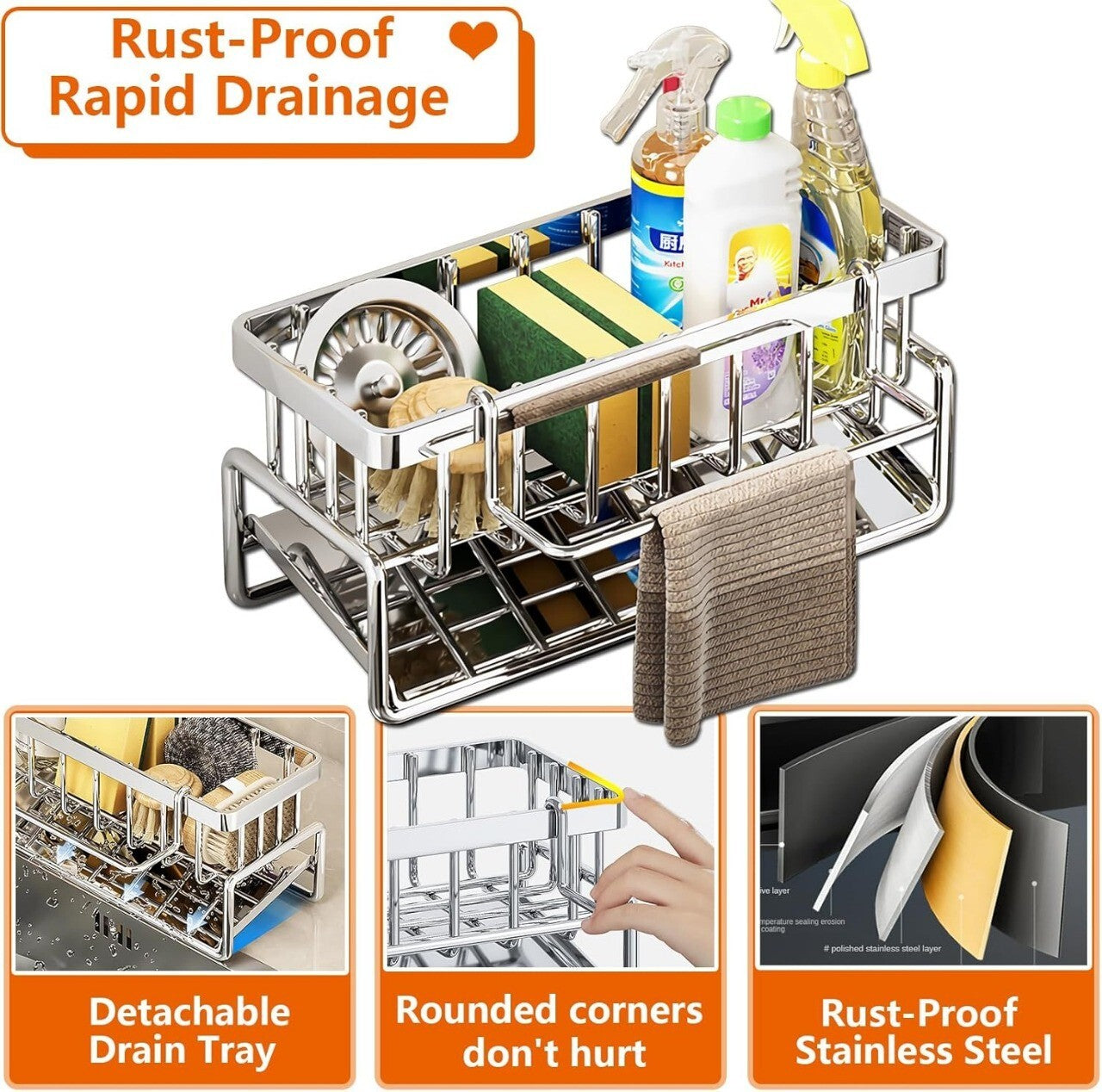 Kitchen Sink Caddy Basket Stainless steel Drain Rack Sponge Dishcloth Holder
