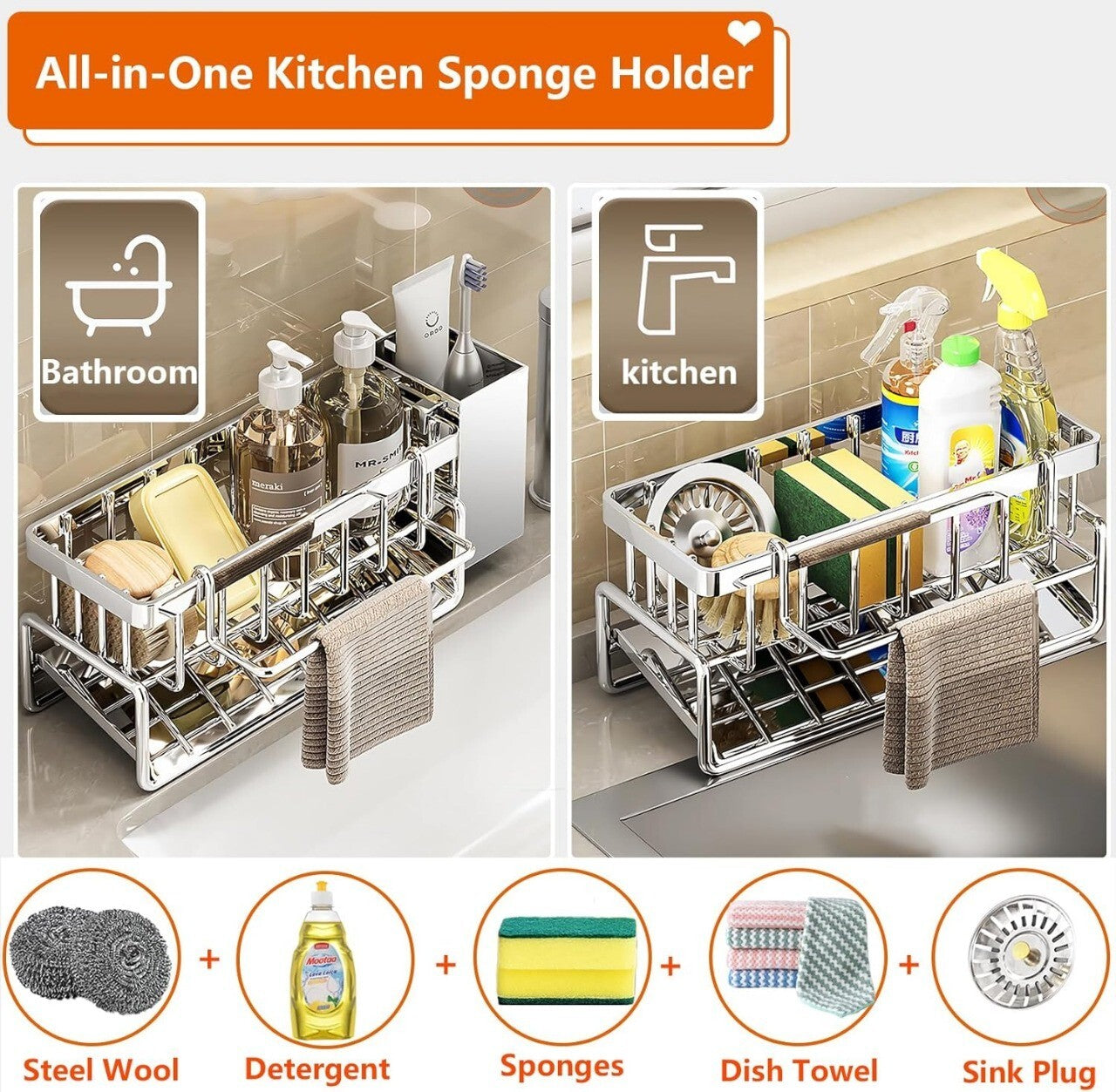 Kitchen Sink Caddy Basket Stainless steel Drain Rack Sponge Dishcloth Holder